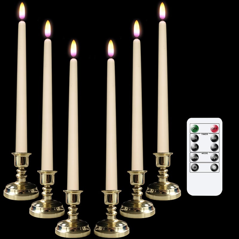 DRomance LED Flameless Flickering Window Candles with 10-Key Remote and Timer, Battery Operated Ivory 11" Realistic 3D Wick Purple Flame Christmas Thanksgiving Decor Candles(Set of 6, Gold Holders) - Image 1